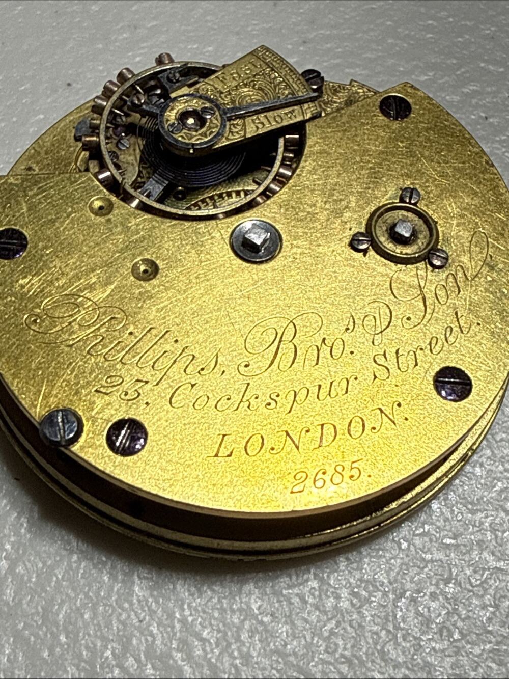 Antique Victorian Phillips Bros. London Pocket Watch Movement - 23 Cockspur St